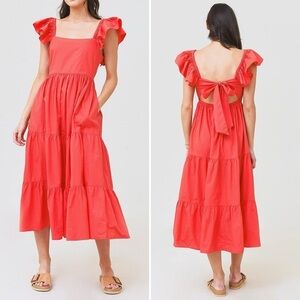 Oliphant Flirty Tie Back Maxi Dress in Coral, Women's XS